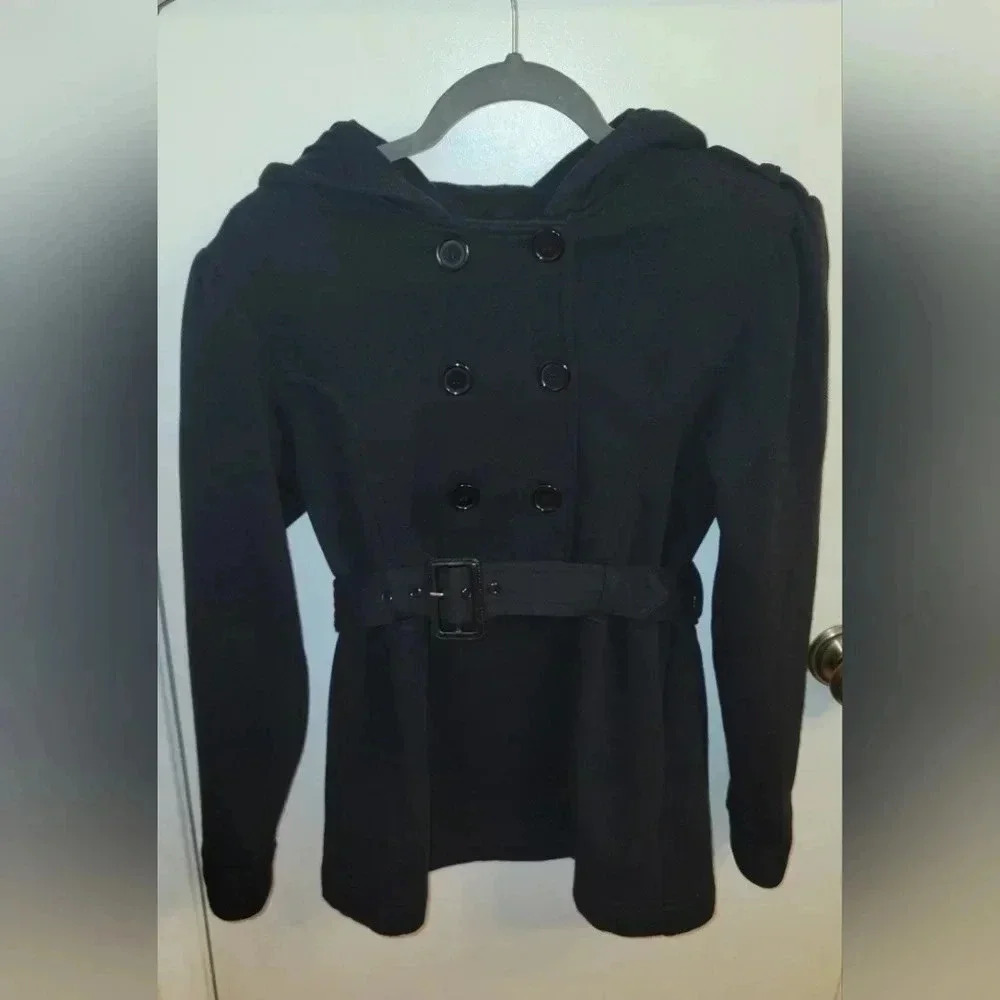 Planet Gold Juniors Small Black Button Down Hooded Jacket Cotton Blend Belt Y2K